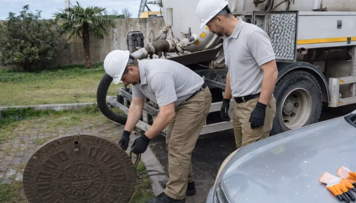 Drain unblocking engineer clearing blocked outside drain